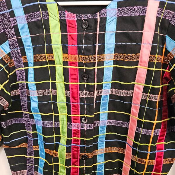 VTG 90s Michael Simon Lite Womens Cardigan Ribbon Plaid Sz Medium 100% Cotton - Picture 7 of 12